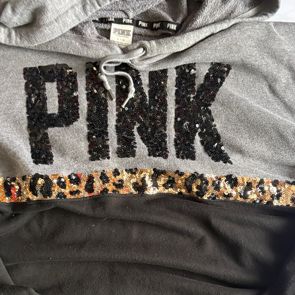 PINK Victoria's Secret Gray Hoodie with Black cheetah print Sequins - Picture 3 of 6